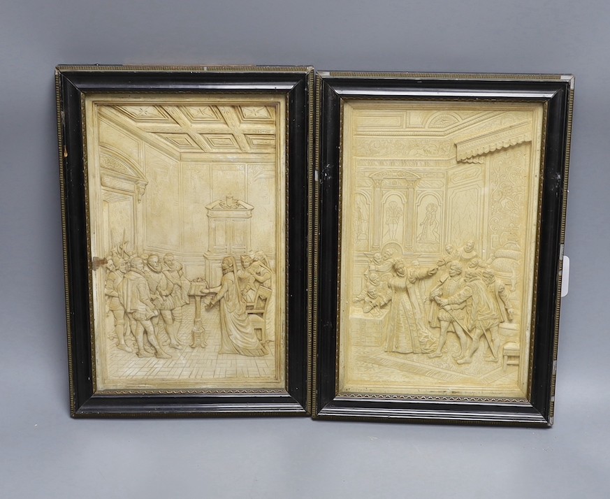 A pair of plaster relief panels of the court of Elizabeth I in glazed wooden frames - 30 x 19cm